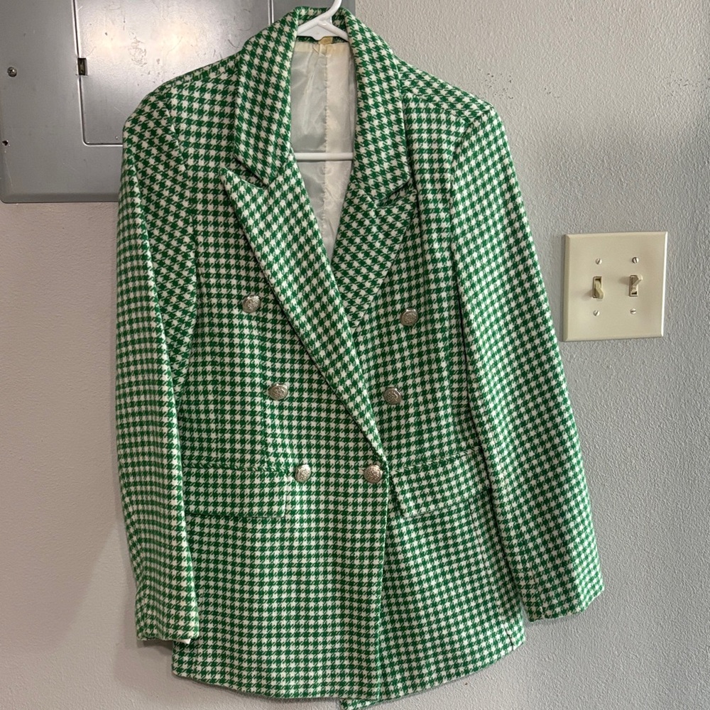 Green and White Houndstooth Double-Breasted Blazer
